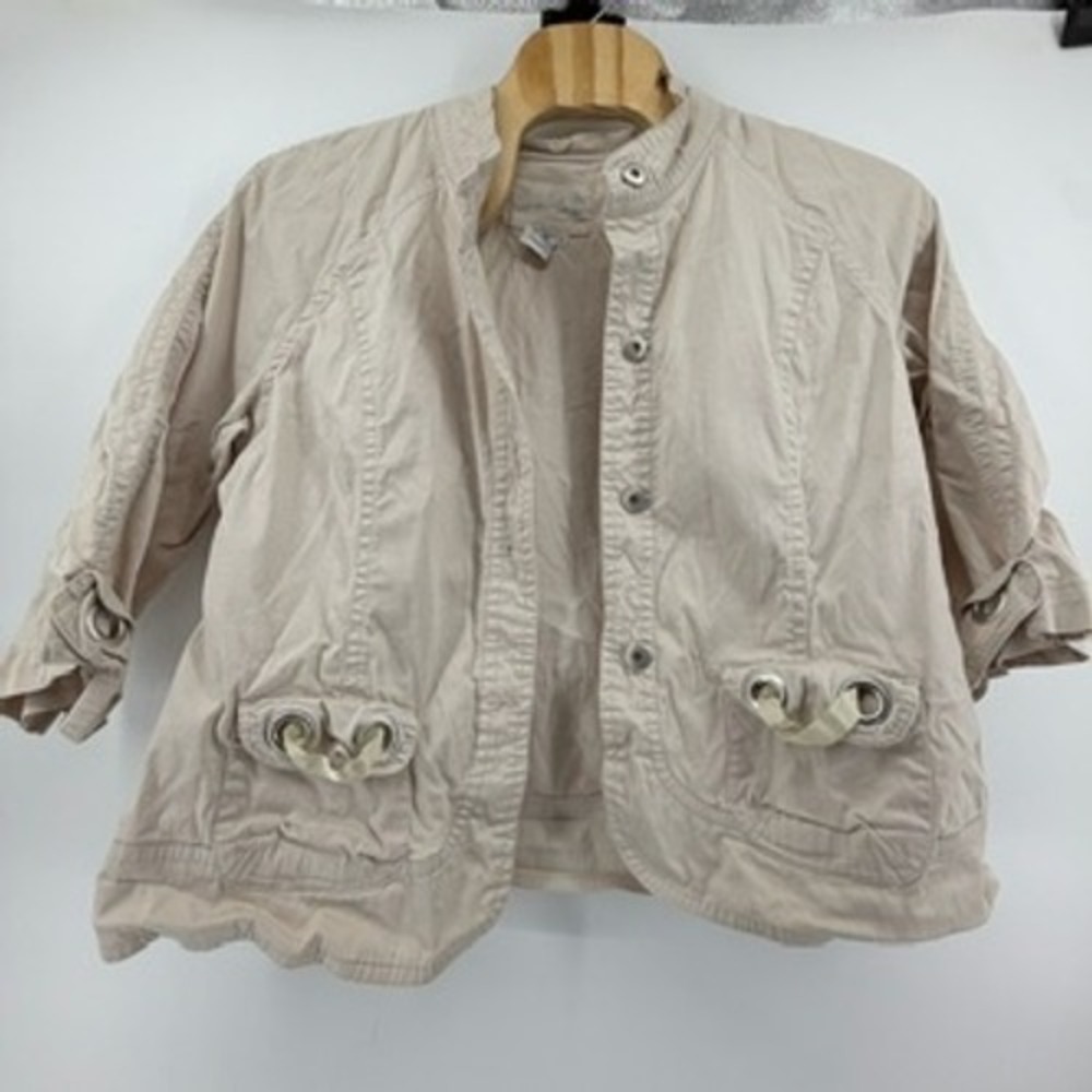 Live a Little Tan Utility Jacket Mock Neck Grommet Detail Plus Size 2X Khaki